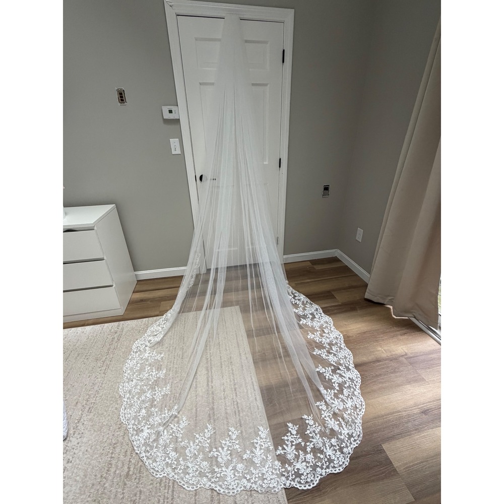 White Lace Cathedral Length Wedding with Veil Floral Embroidery and Metal Comb